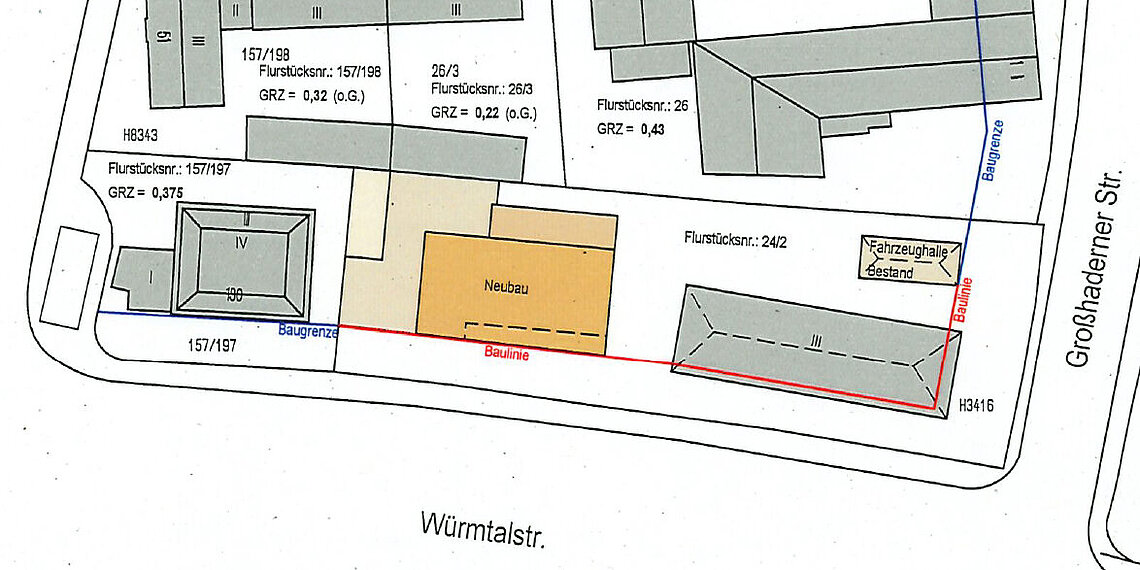 Lage Würmtalstraße Ecke Großhaderner Straße (rechts unten der bisherige Standort)